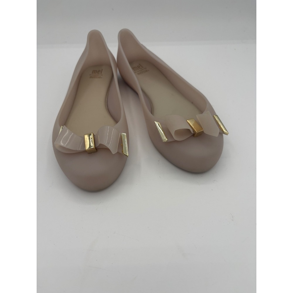 Mel by Melissa Women Blush Pink Jelly Ballet Flats Bow Gold Hardware Size 3 USA‎